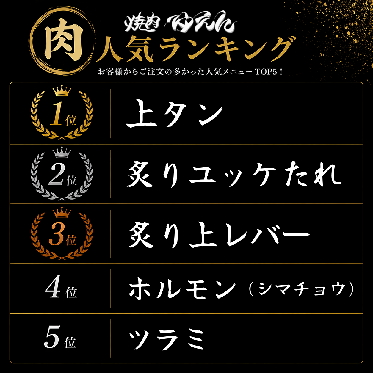 ランキング 肉 上タン 炙りユッケたれ 炙り上レバー ホルモン（シマチョウ） ツラミ